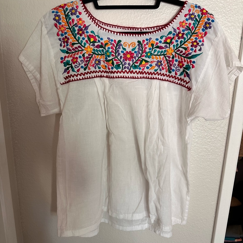 Embroidered White Top with Multicolor Floral Design